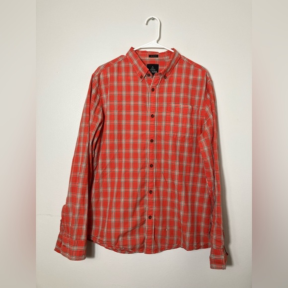 Prana Button Up Shirt‎ Men’s Sz L Slim Fit Orange/red  Plaid Outdoors Casual - Picture 1 of 7